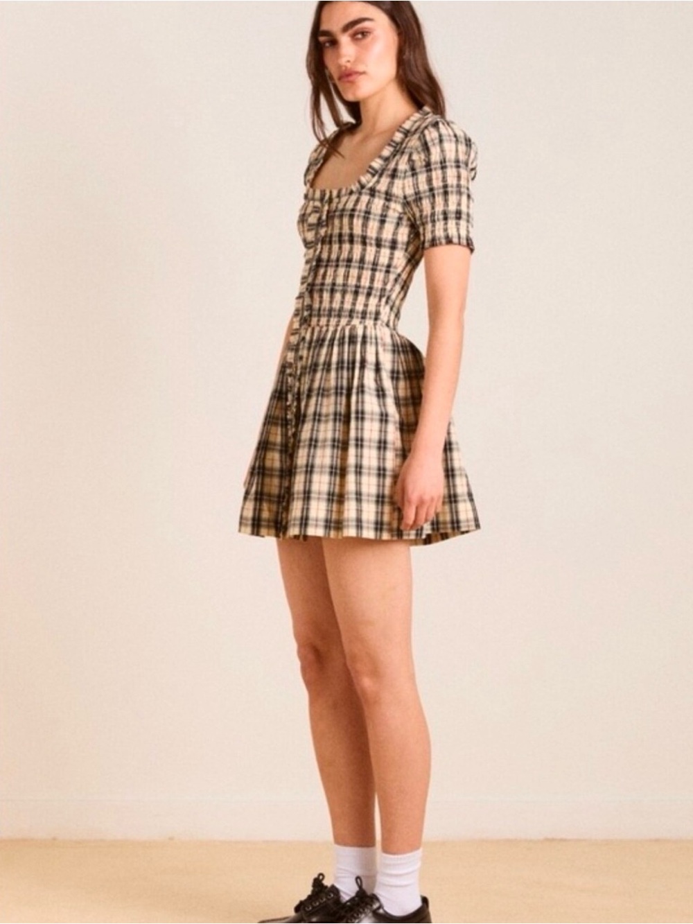 76.1. Damson madder Plaid Puff-Sleeve Mini Dress in Beige gigham plaid